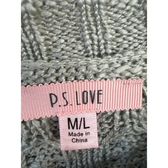 P.S. Love Gray Cable Knit Sweater Chunky Cozy M/L - Picture 3 of 5
